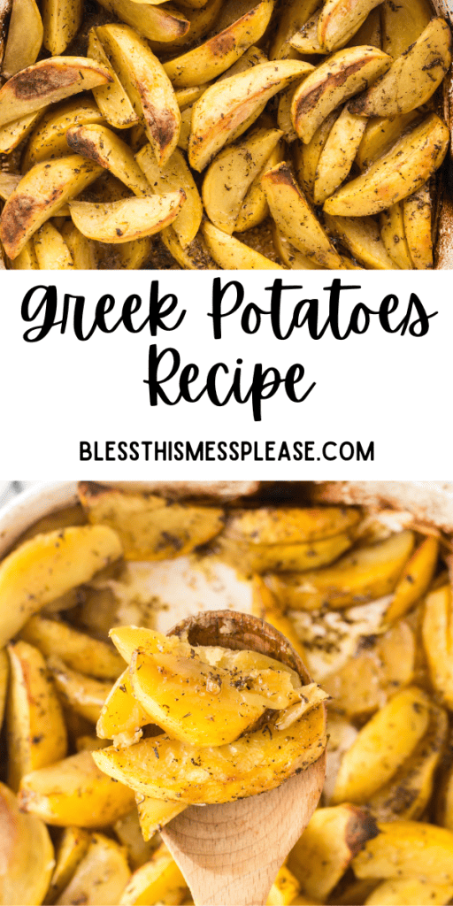 pin that reads greek potatoes recipe with an image of seasoned wedge cut potatoes