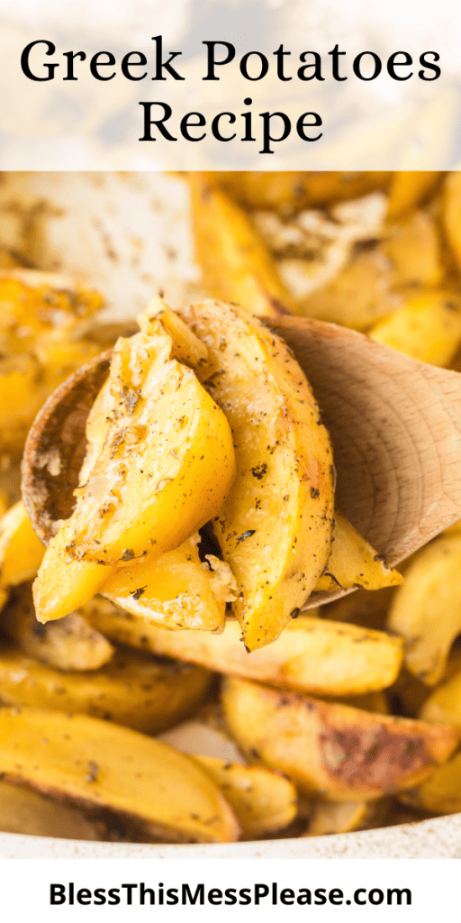 pin that reads greek potatoes recipe with an image of seasoned wedge cut potatoes
