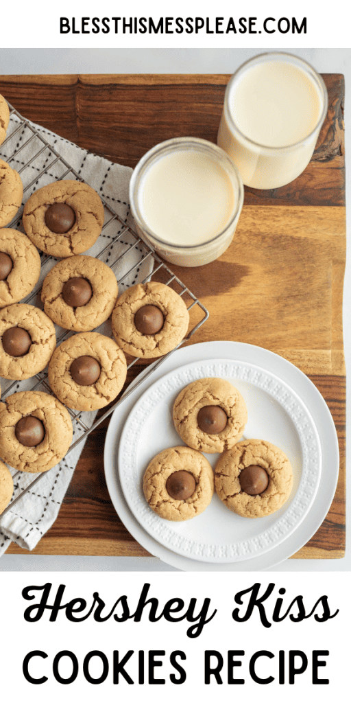 pin that reads hershey kiss cookies recipe with golden small cookies with an imprint and a hershey kiss in the center