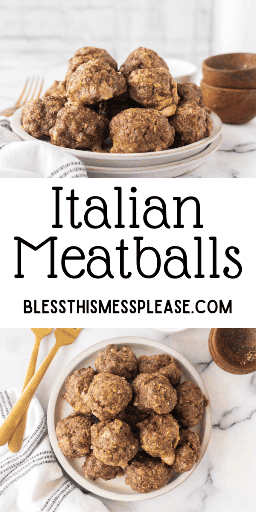 Pin that reads Italian meatballs with an image of baked round meatballs in a white bowl