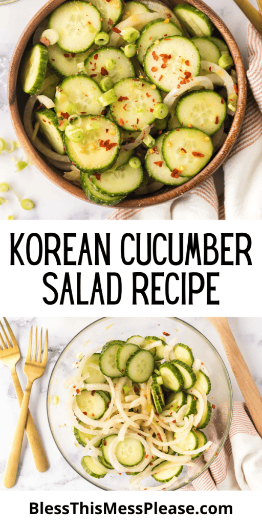 pin that reads korean cucumber salad recipe with sliced cucumbers and herbs in a bowl
