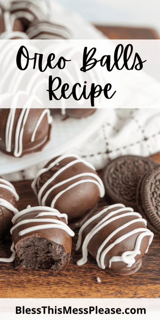 pin for oreo balls with images of round chocolate cookie balls with white iced decorations