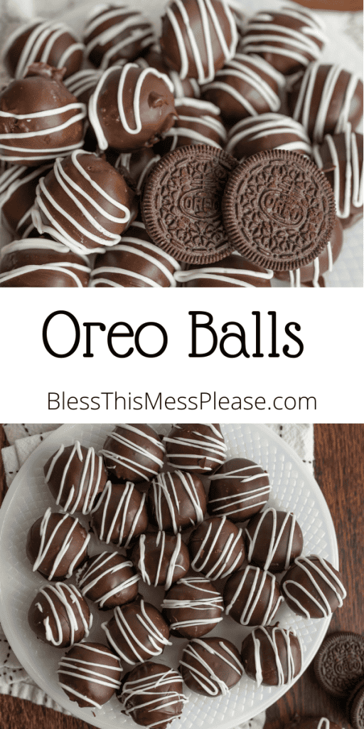 pin for oreo balls with images of round chocolate cookie balls with white iced decorations