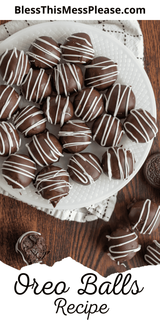 pin for oreo balls with images of round chocolate cookie balls with white iced decorations