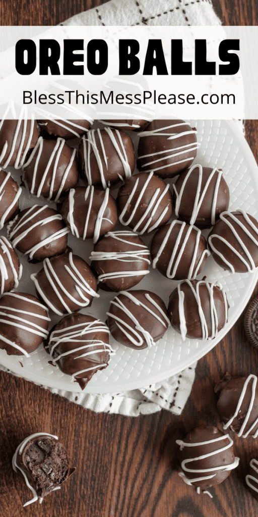 pin for oreo balls with images of round chocolate cookie balls with white iced decorations
