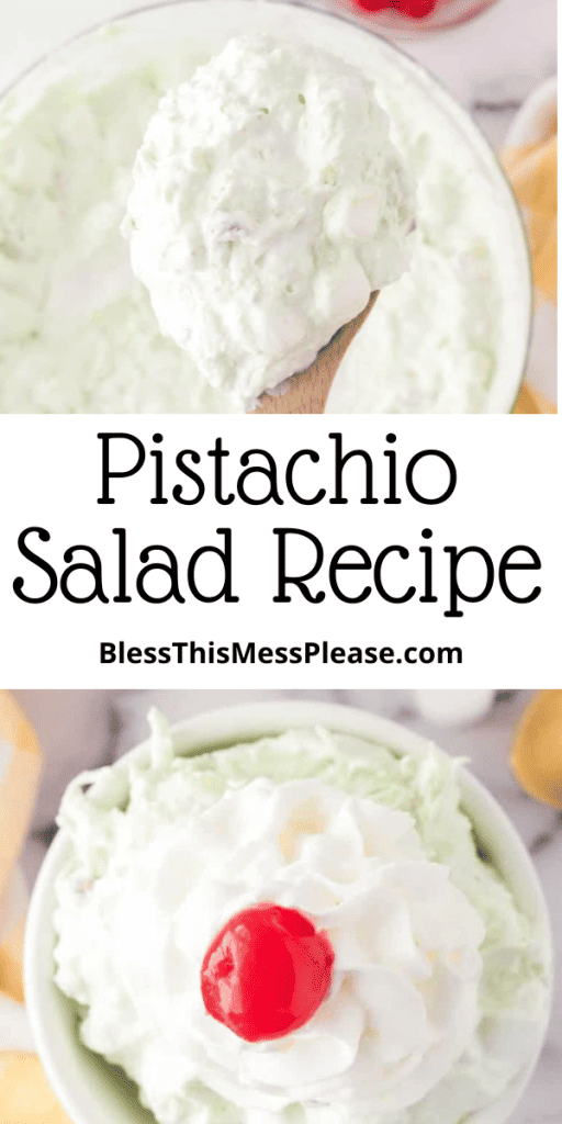 text reads Pistachio salad recipe and displays the fluffy goodness