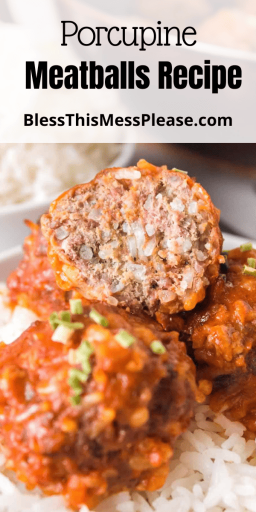 Close up view of meatballs with text