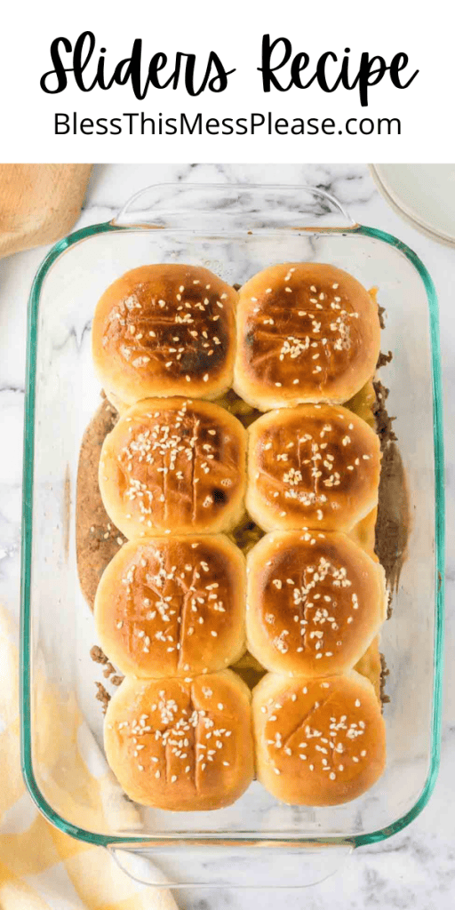 Baking dish of sliders with text