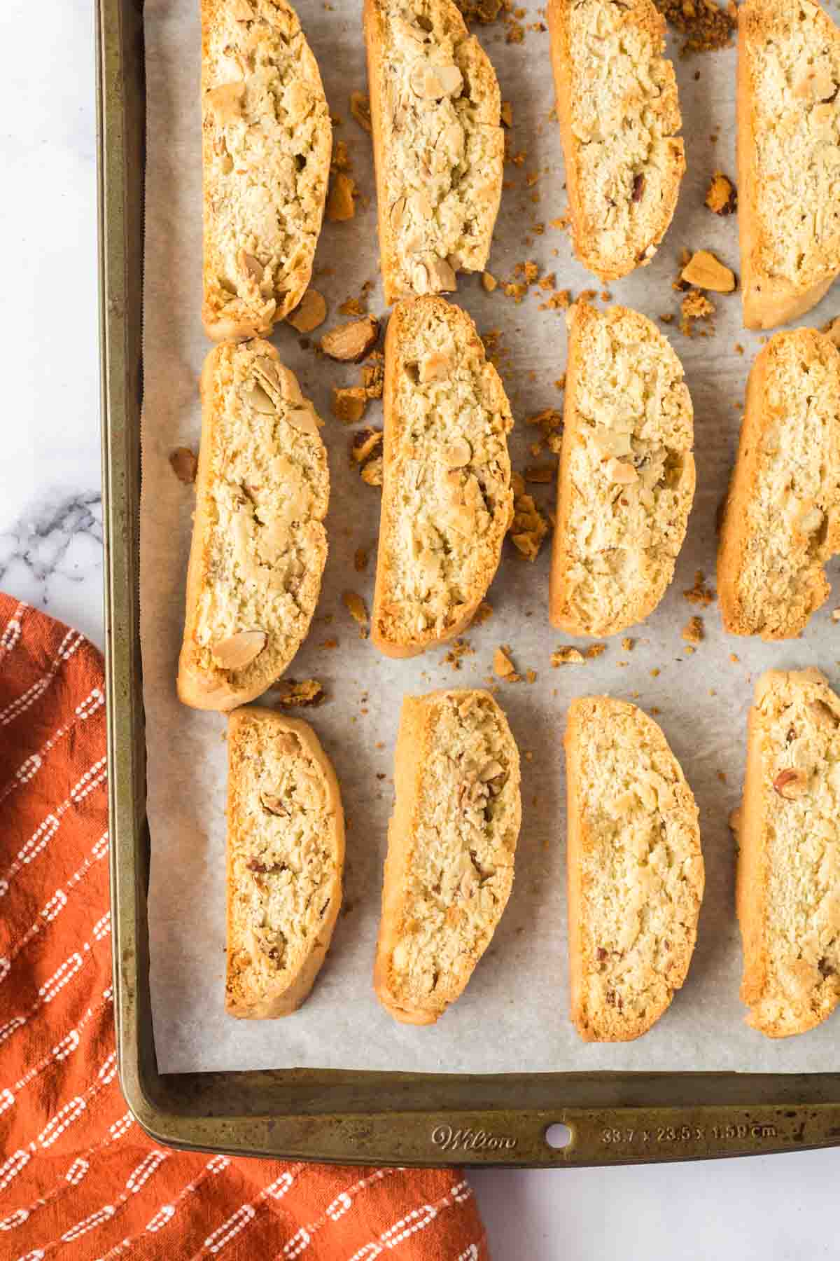 biscotti in rows on a baking sheet