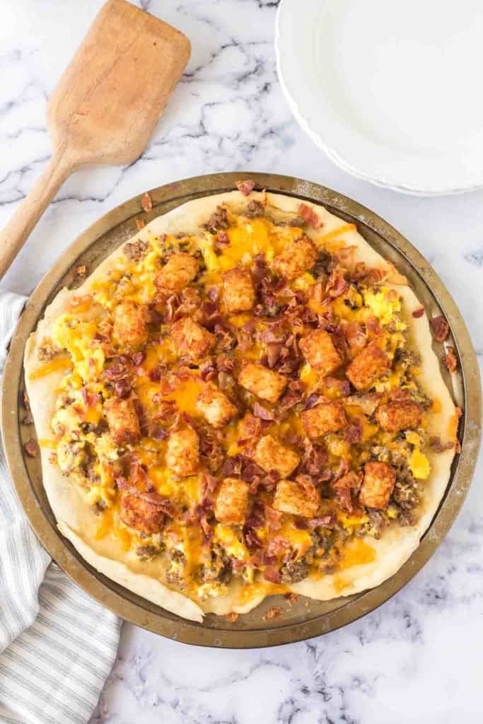 top view of a whole breakfast pizza