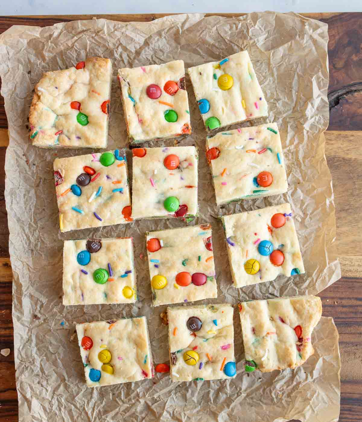 Top view of cake bars made with a yellow cake mix.