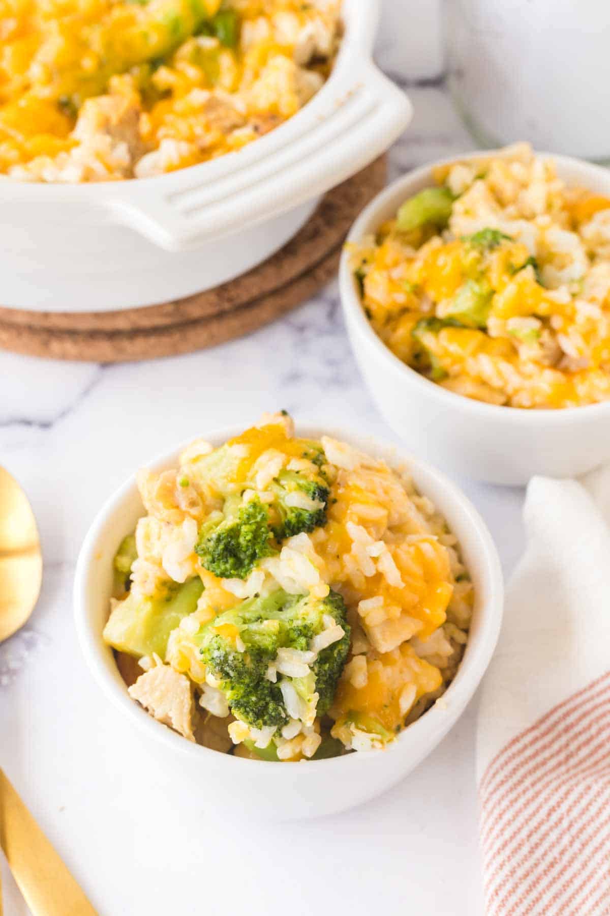 small bowls of chicken broccoli rice casserole