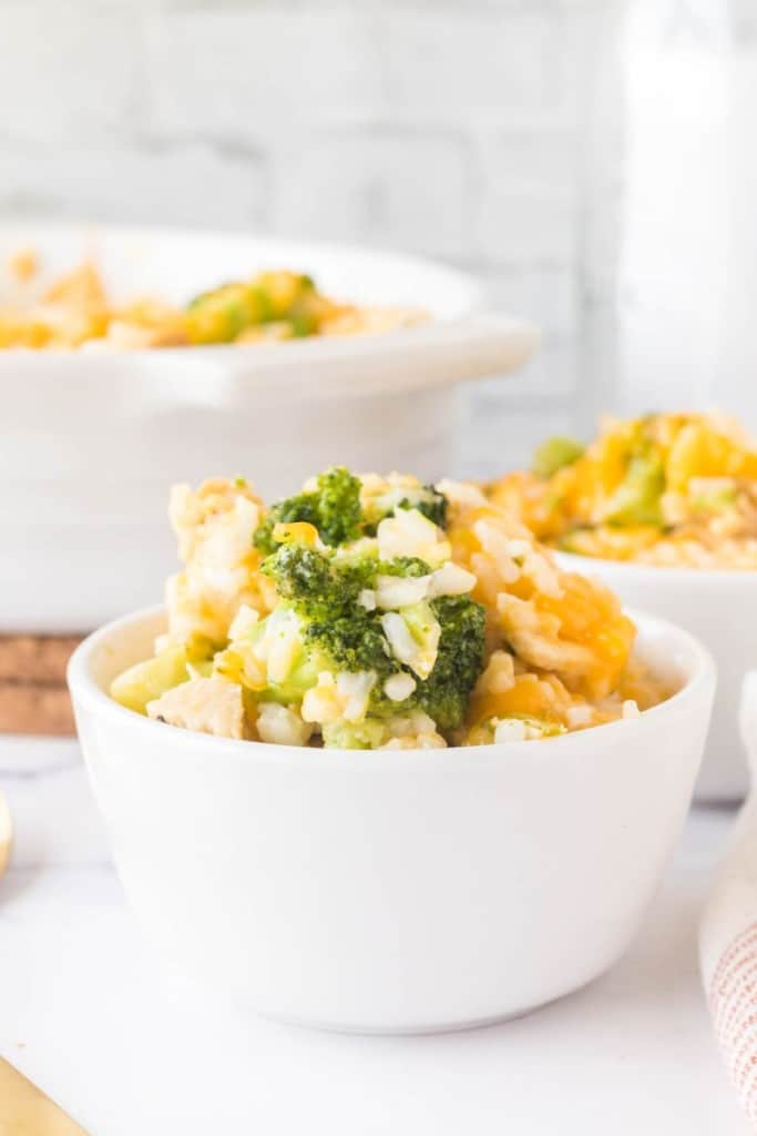 small bowls of chicken broccoli rice casserole