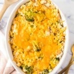 top view of whole baking dish with chicken broccoli rice casserole