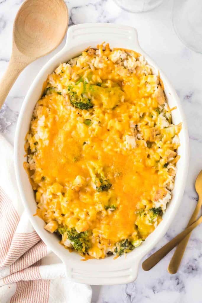 top view of whole baking dish with chicken broccoli rice casserole