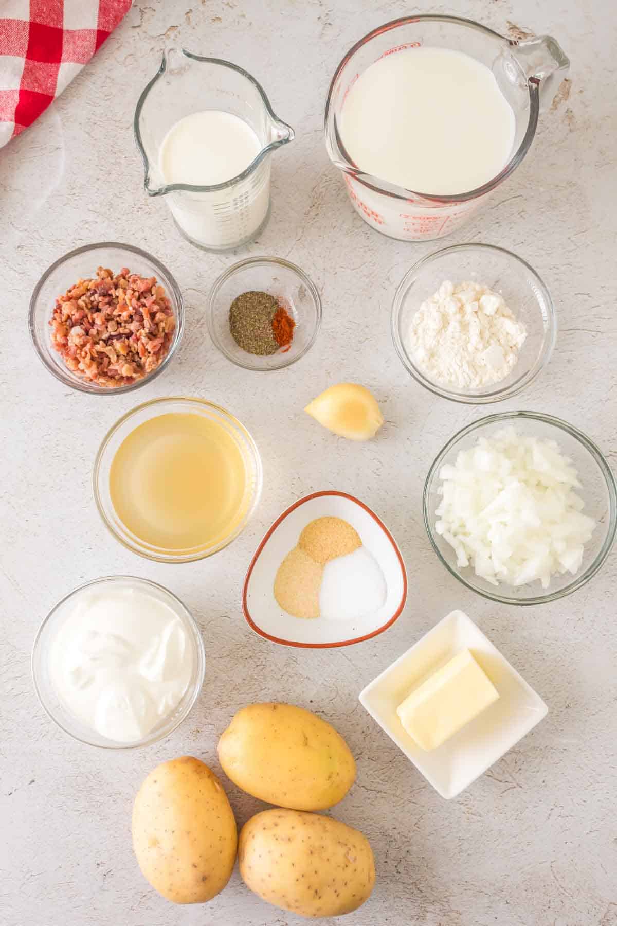 raw ingredients portioned for cream of potato soup