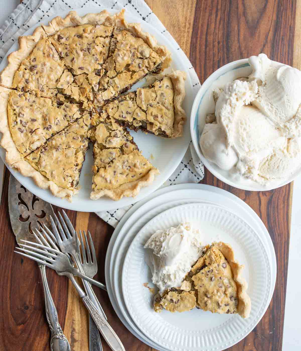 Derby Pie served with vanilla ice cream.