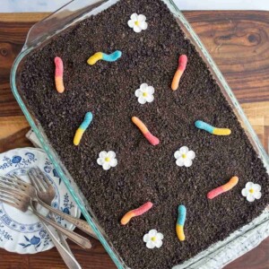 Full baking dish of dirt pudding complete with gummy worms