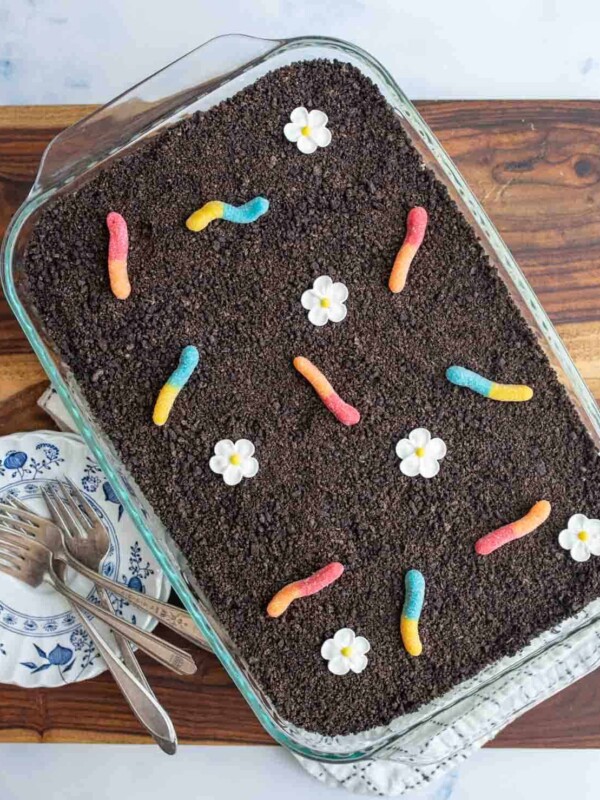 Full baking dish of dirt pudding complete with gummy worms