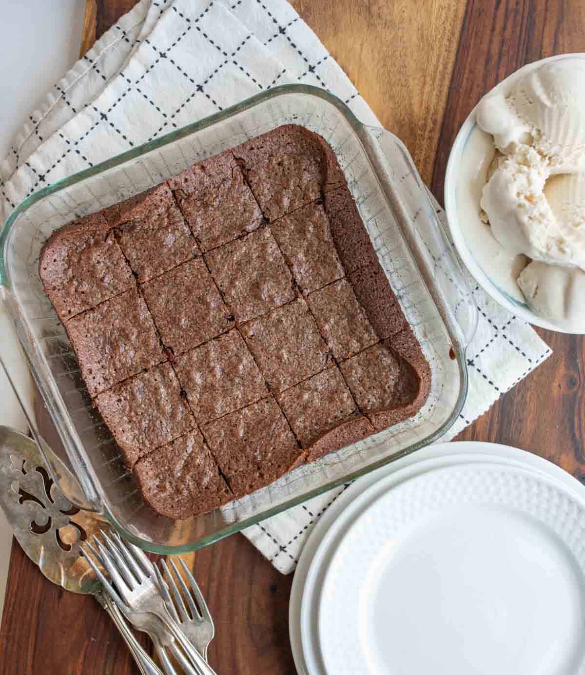 Pan of fudgy brownies.