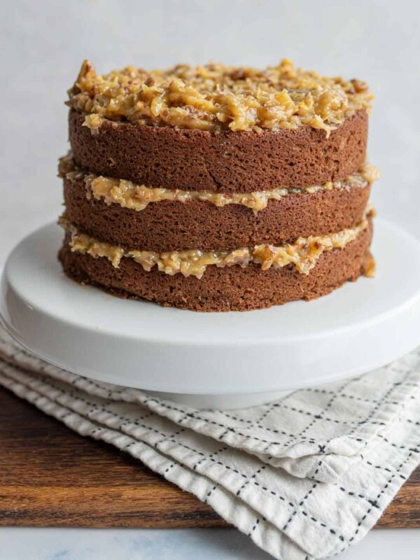 three layered round german chocolate cake with traditional coconut frosting