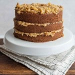 three layered round german chocolate cake with traditional coconut frosting