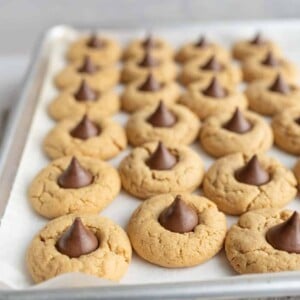 hershey kisses cookies in rows on a baking dish