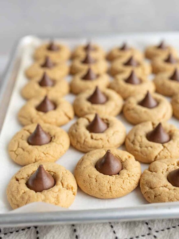 hershey kisses cookies in rows on a baking dish