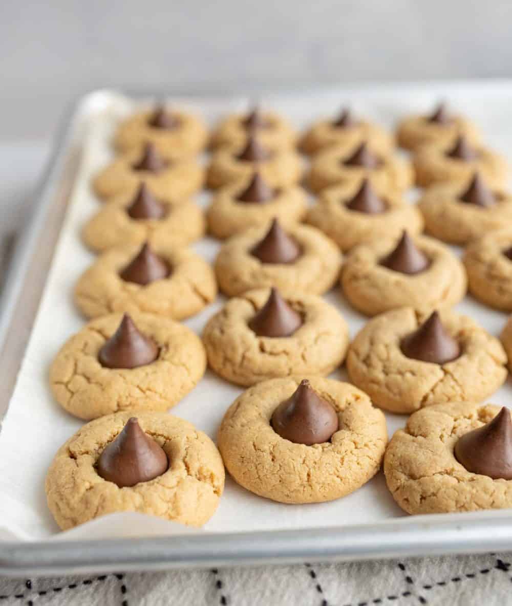 hershey kisses cookies in rows on a baking dish