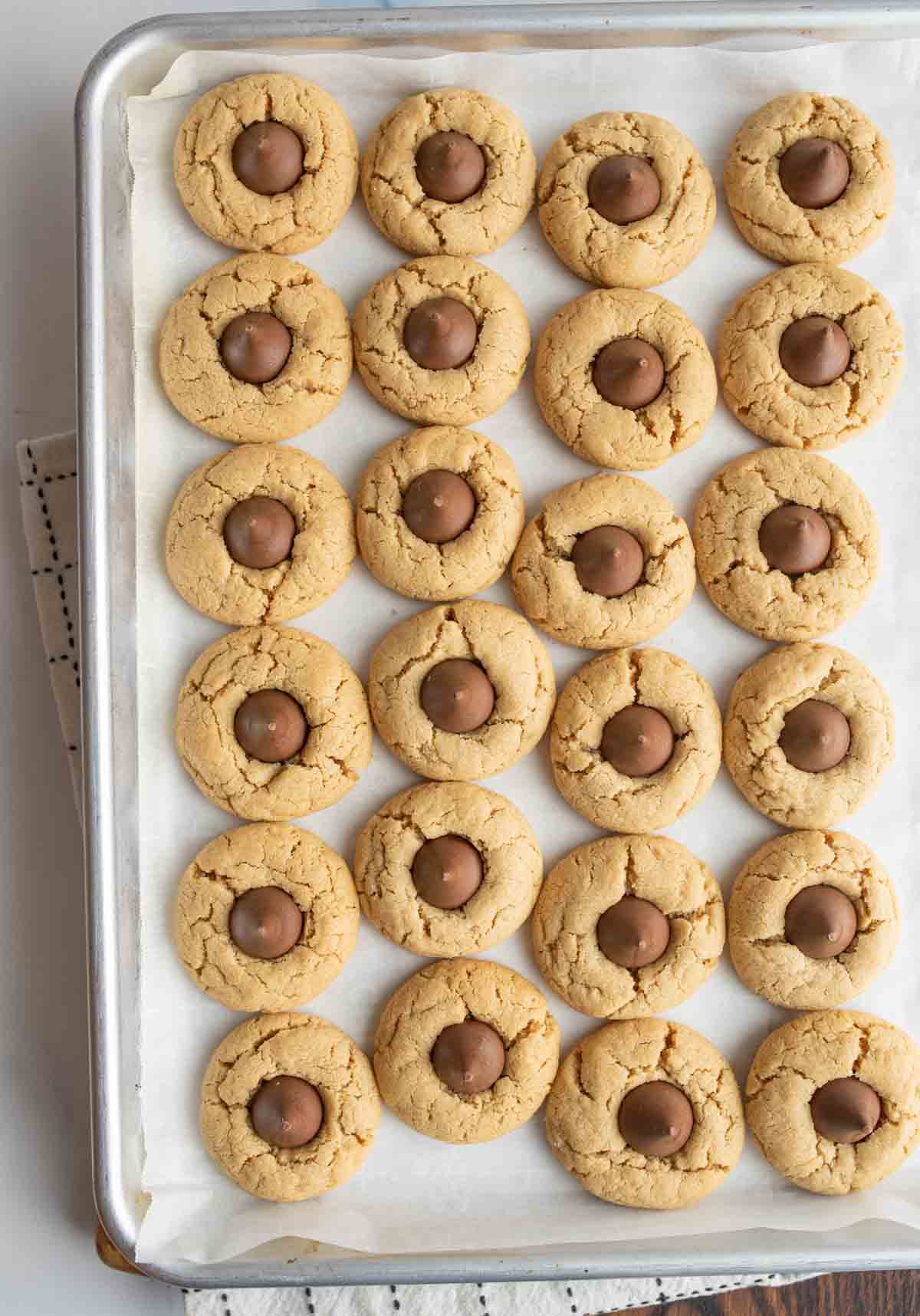 hershey kisses cookies in rows on a baking dish