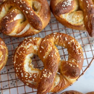 close up of freshly baked homemade pretzel on a cooling rack