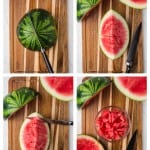 collage on how to cut watermelon in 4 photos