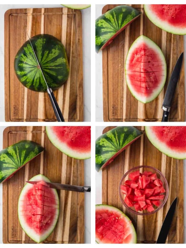 collage on how to cut watermelon in 4 photos