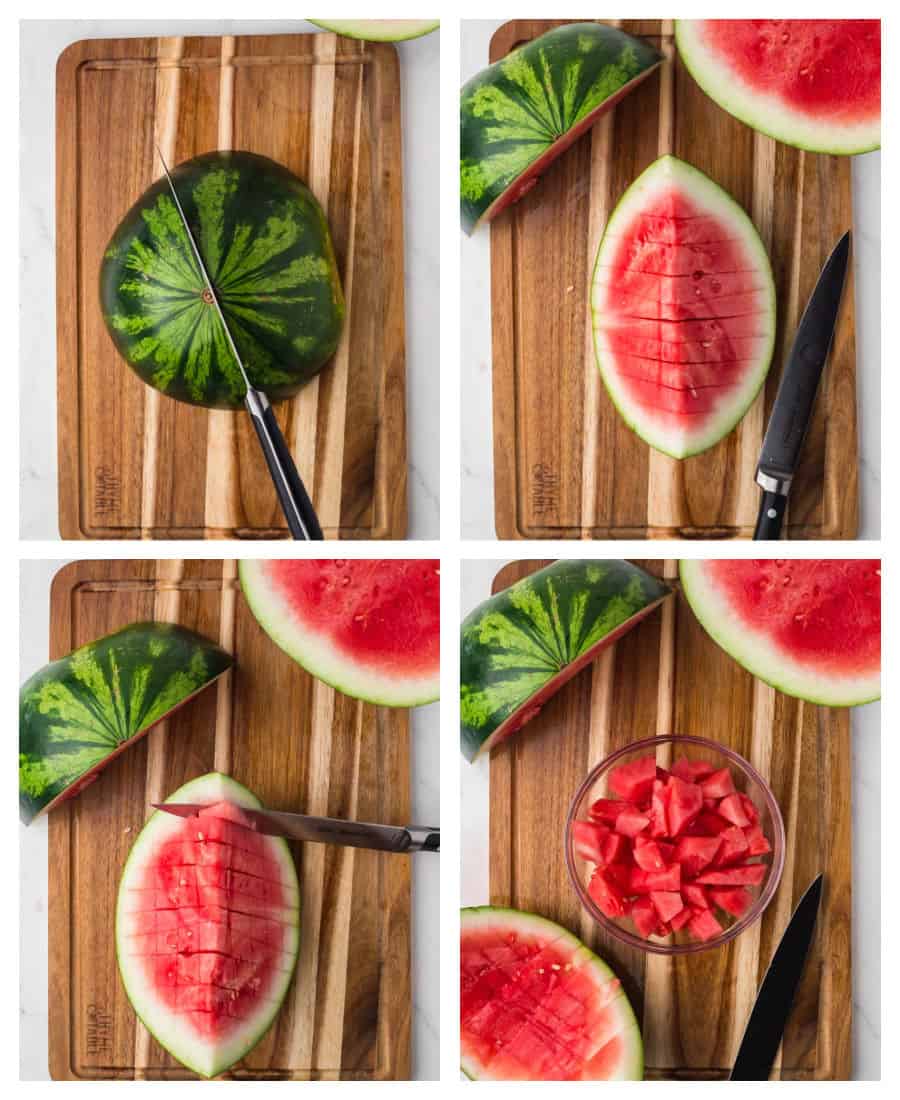 collage on how to cut watermelon in 4 photos