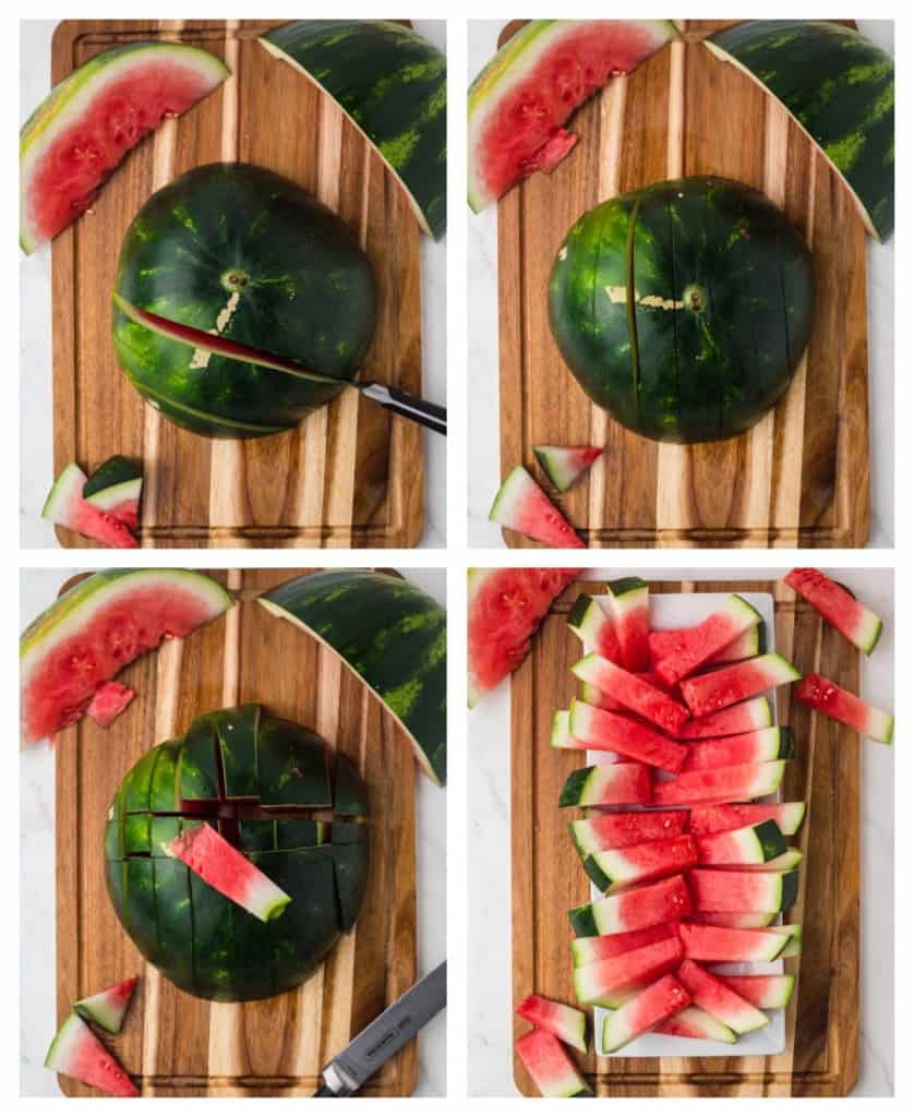 collage on how to cut watermelon in 4 photos