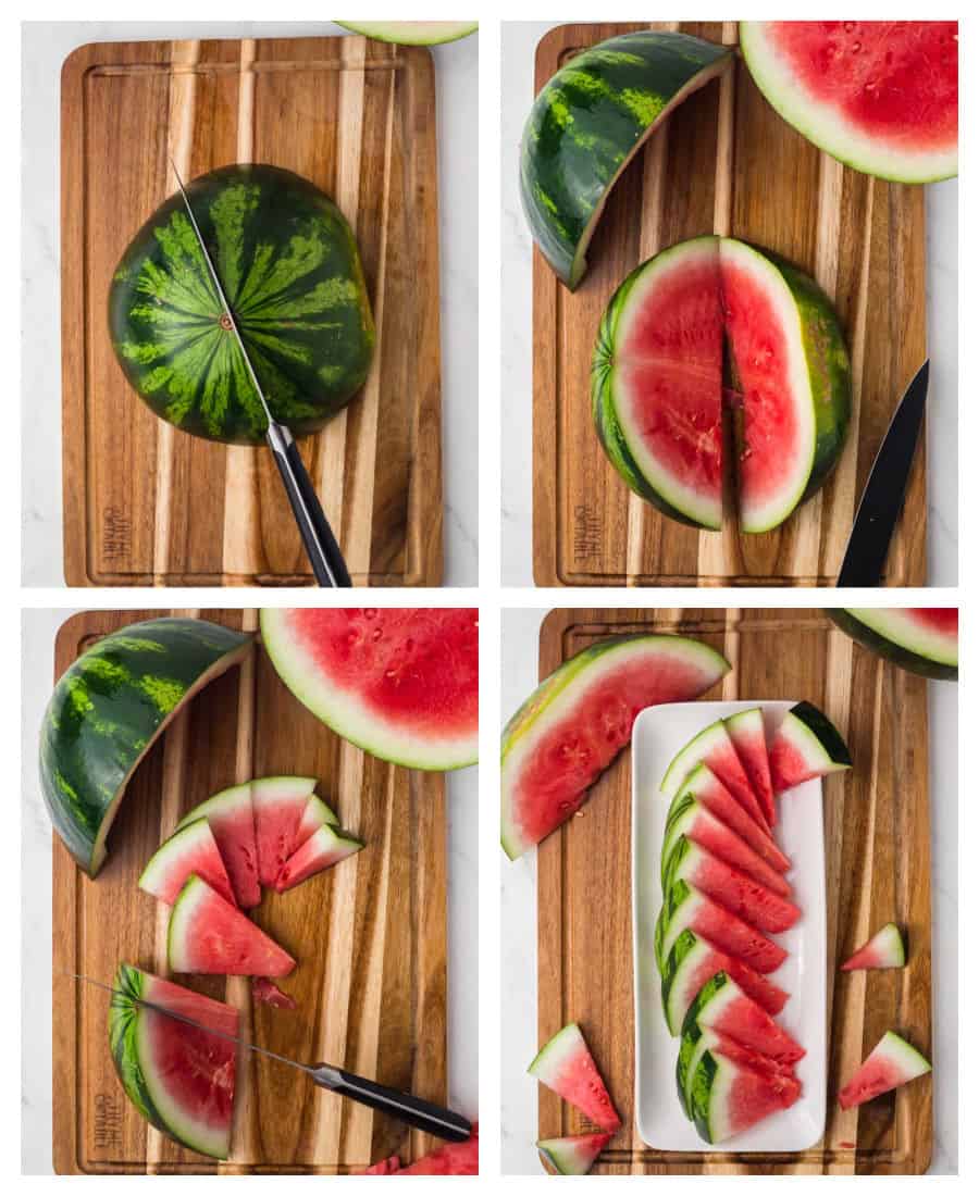 collage on how to cut watermelon in 4 photos