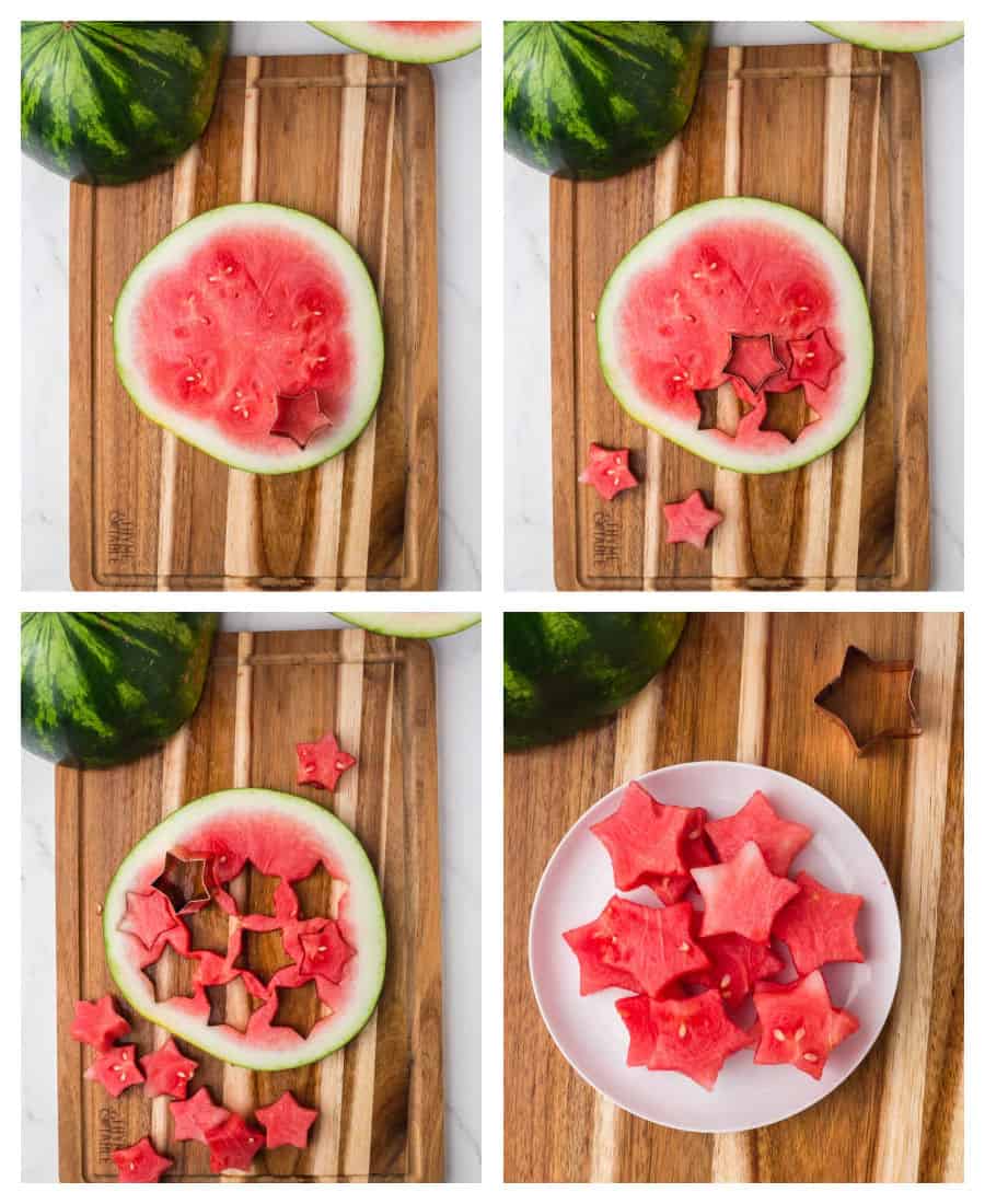 collage on how to cut watermelon in 4 photos