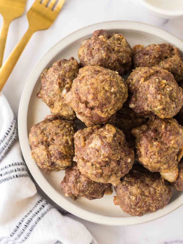 top view of Italian meatballs in a stack on a plate