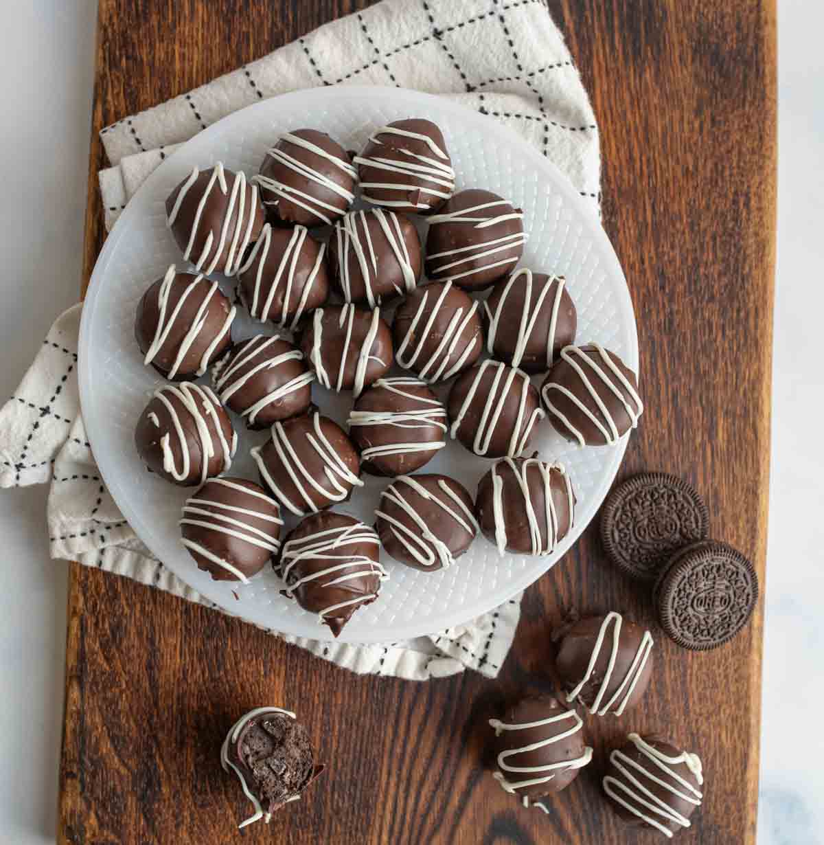 top view of a plate full of oreo balls.