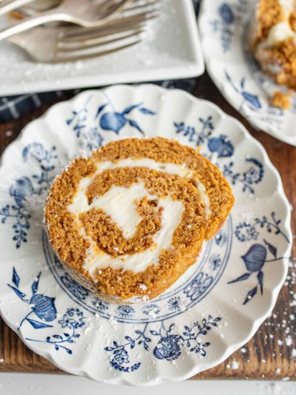 pumpkin roll on a china plate