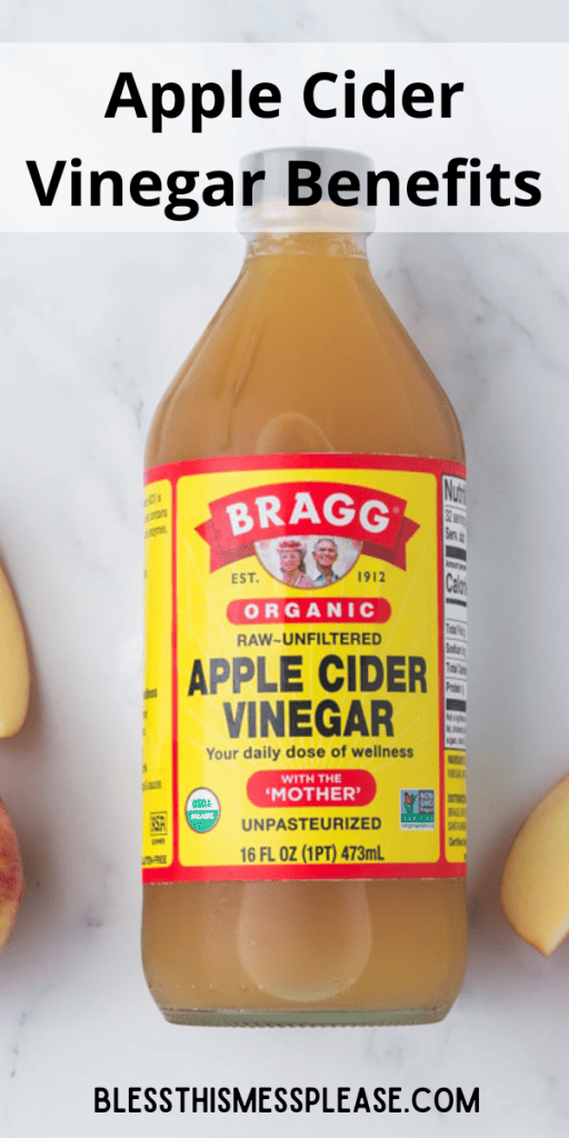 pin for apple cider vinegar benefits with a bottle of Bragg next to fresh apple slices