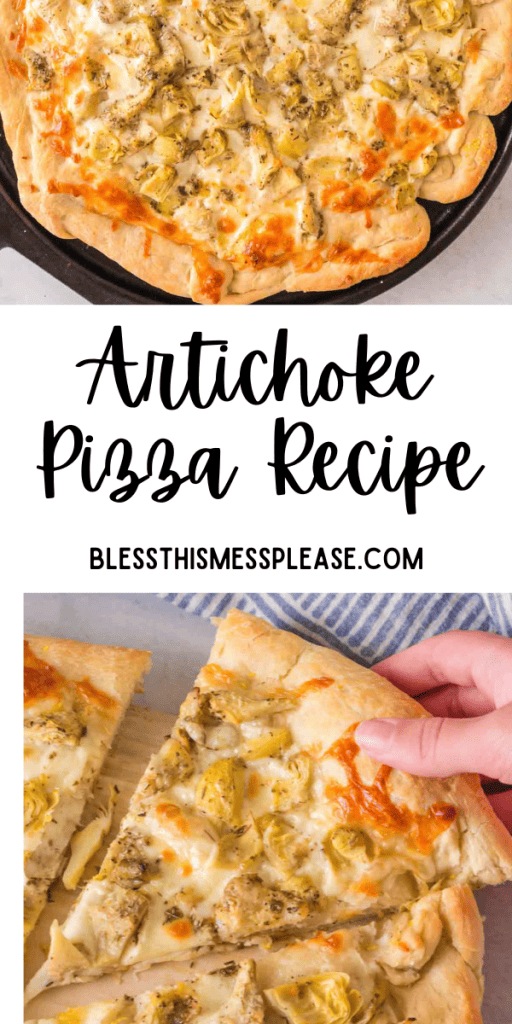 pin for artichoke pizza recipe with images of perfectly baked homemade pizza