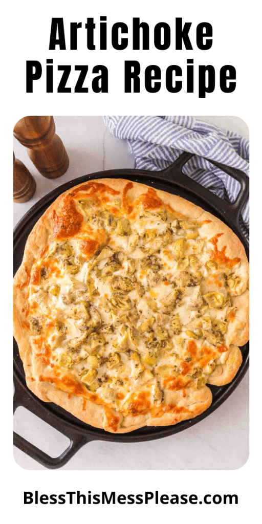 pin for artichoke pizza recipe with images of perfectly baked homemade pizza