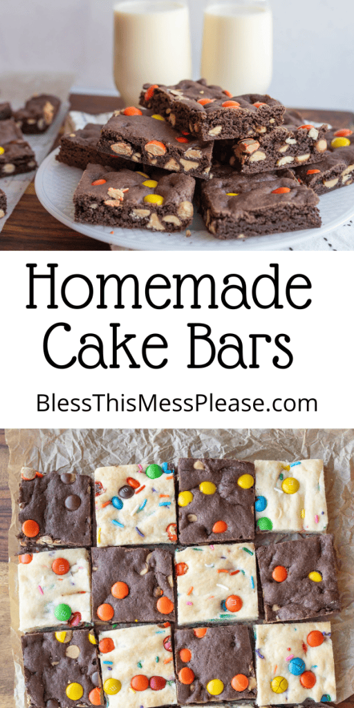 Pin that reads Homemade Cake Bars with images of the cut square chocolate and vanilla cake bars