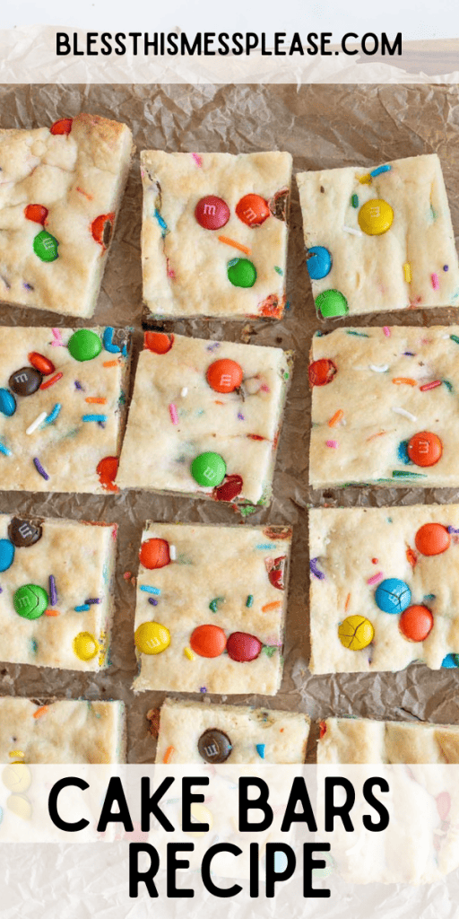 pin that reads cake bars recipe with square pieces of M&M multicolored cake bars on parchment