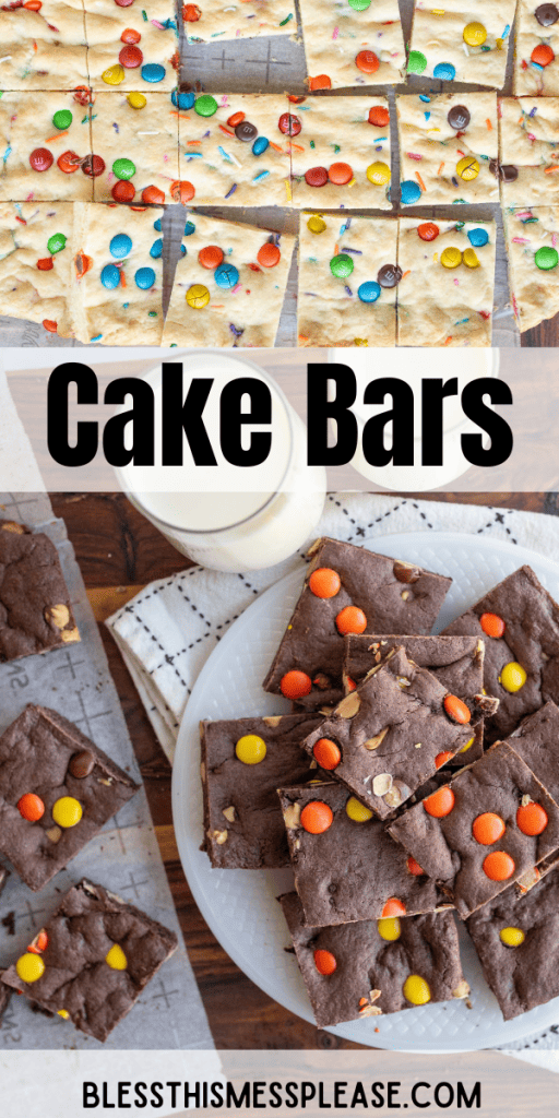 pin that reads Cake Bars with chocolate and vanilla cake bars cut into squares