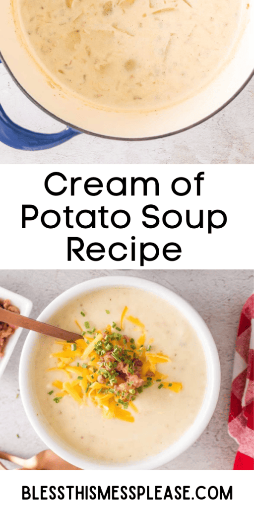 pin for cream of potato soup recipe with images of creamy soup topped with cheese and chives