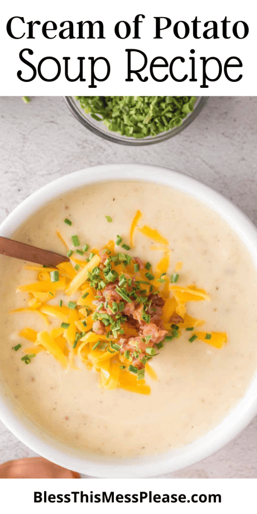 pin for cream of potato soup recipe with images of creamy soup topped with cheese and chives