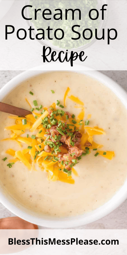 pin for cream of potato soup recipe with images of creamy soup topped with cheese and chives