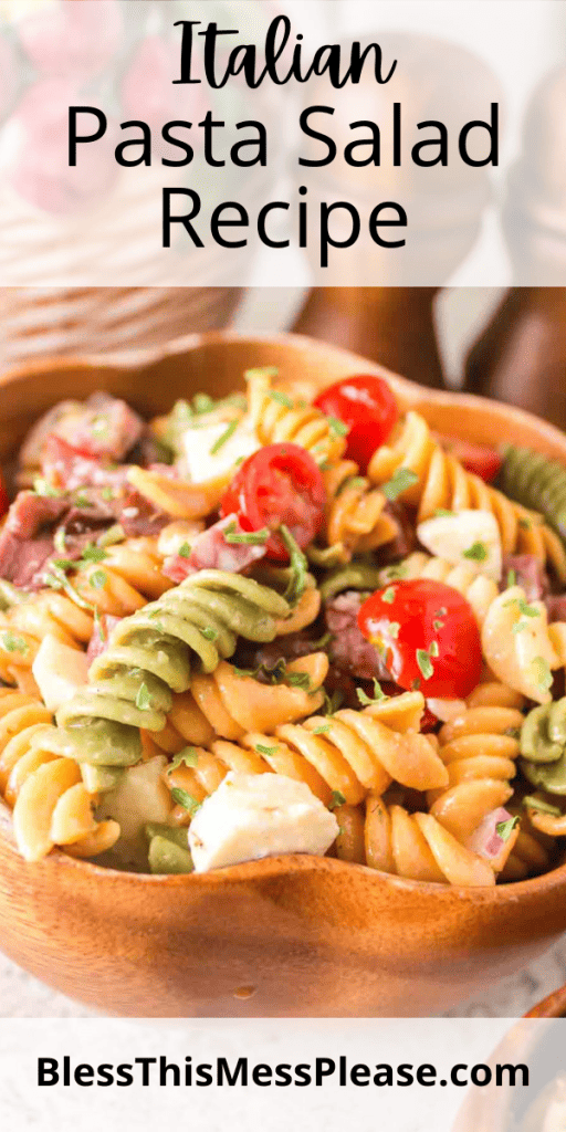 Pin for Italian Pasta salad recipe with images of spiral noodles, onions, tomatoes and kalamata olives in a wooden bowl